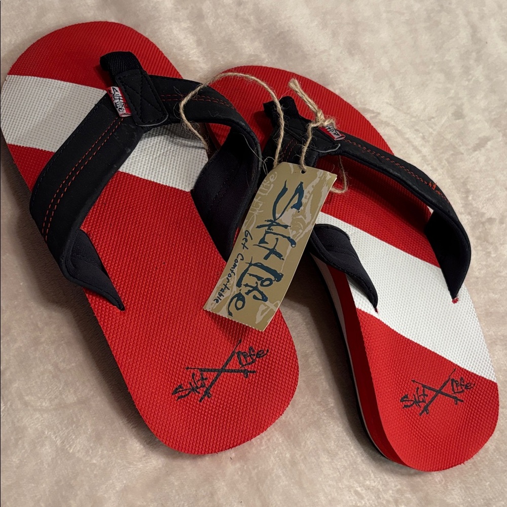 Salt Life Mens Flip Flops Size 11 New Red White Blue Fishermancore